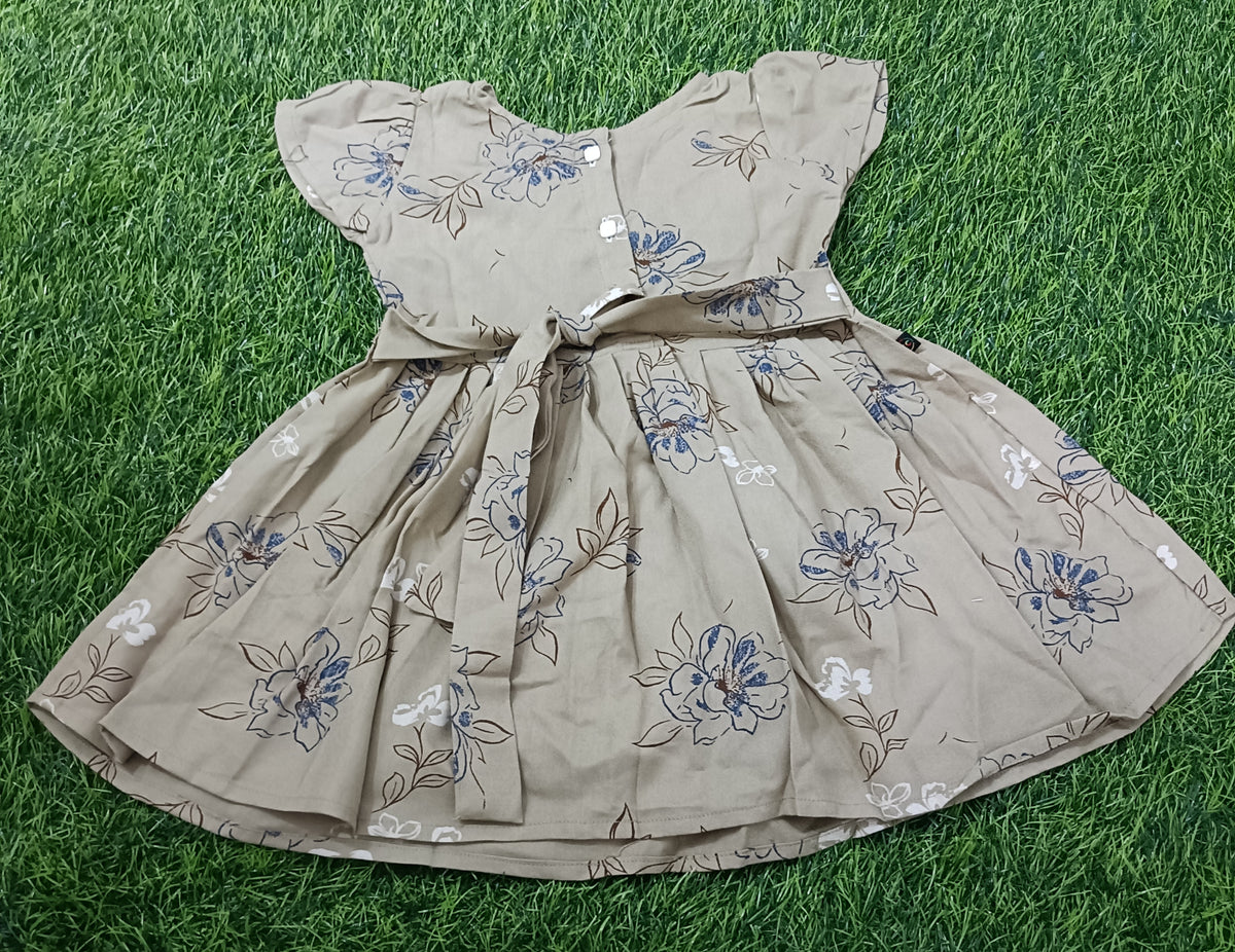Kids Beige Floral Print Short Sleeve Frock