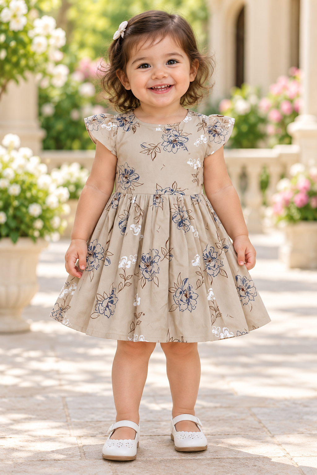 Kids Beige Floral Print Short Sleeve Frock
