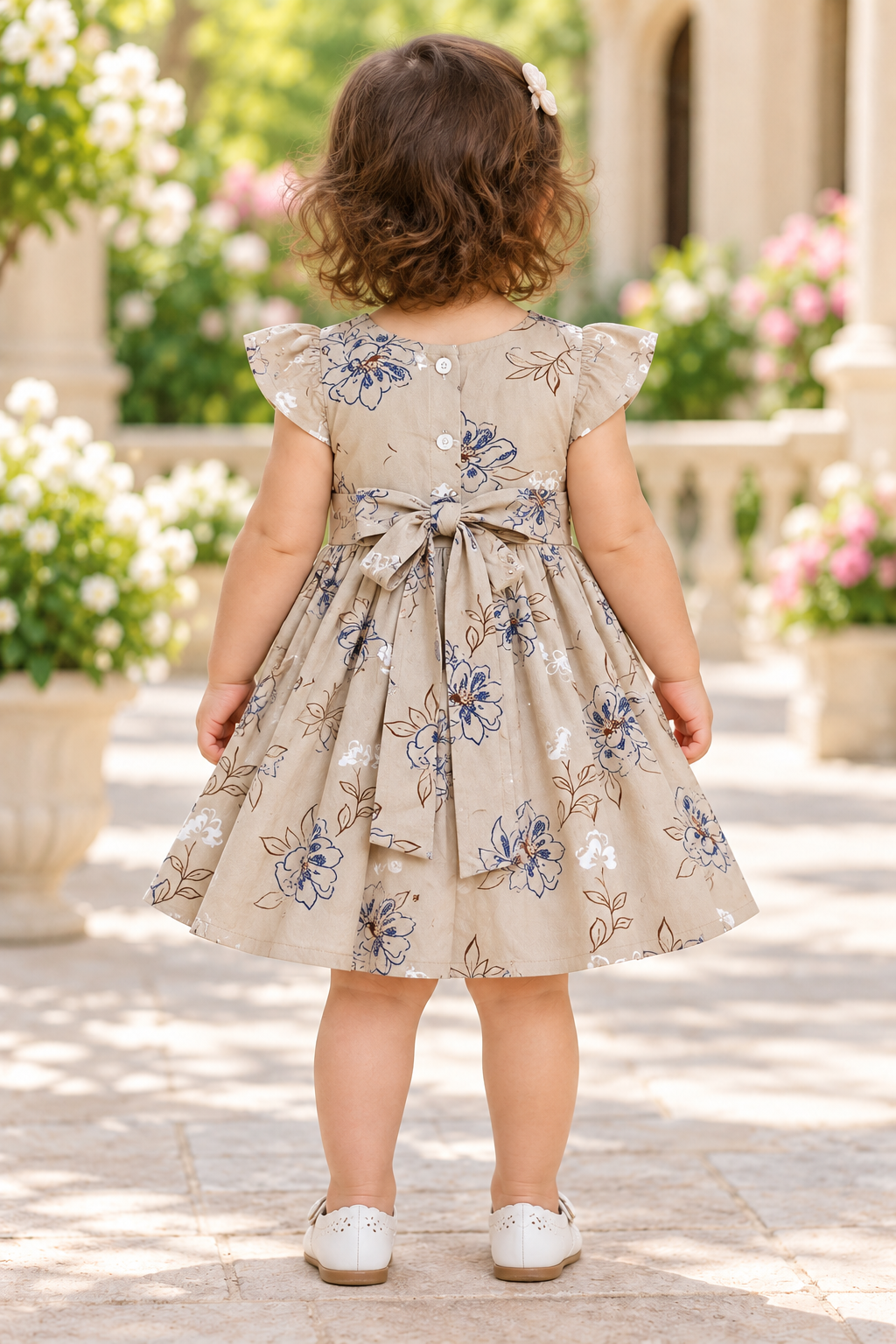 Kids Beige Floral Print Short Sleeve Frock