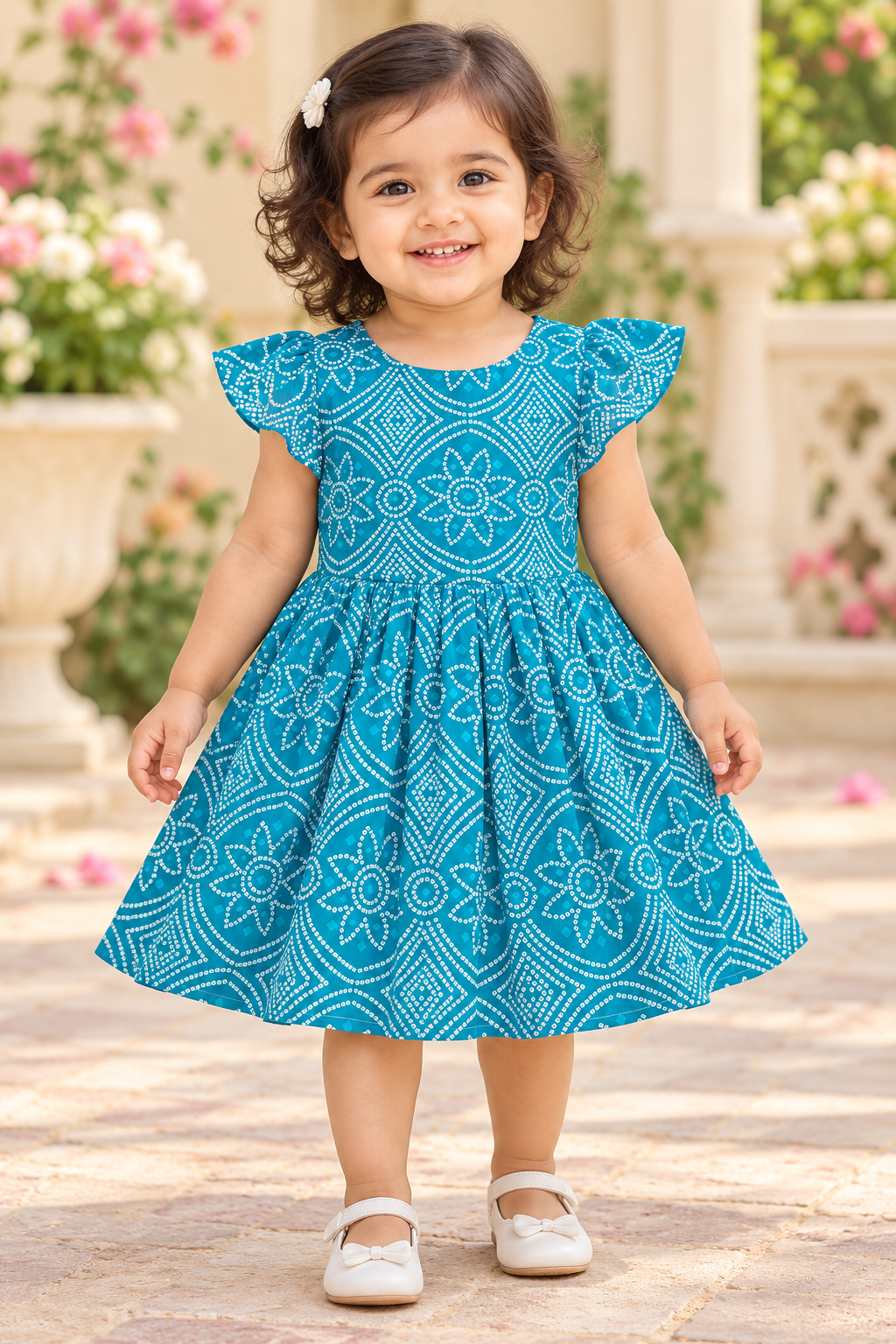 Kids Teal Blue Geometric Print Short Sleeve Frock