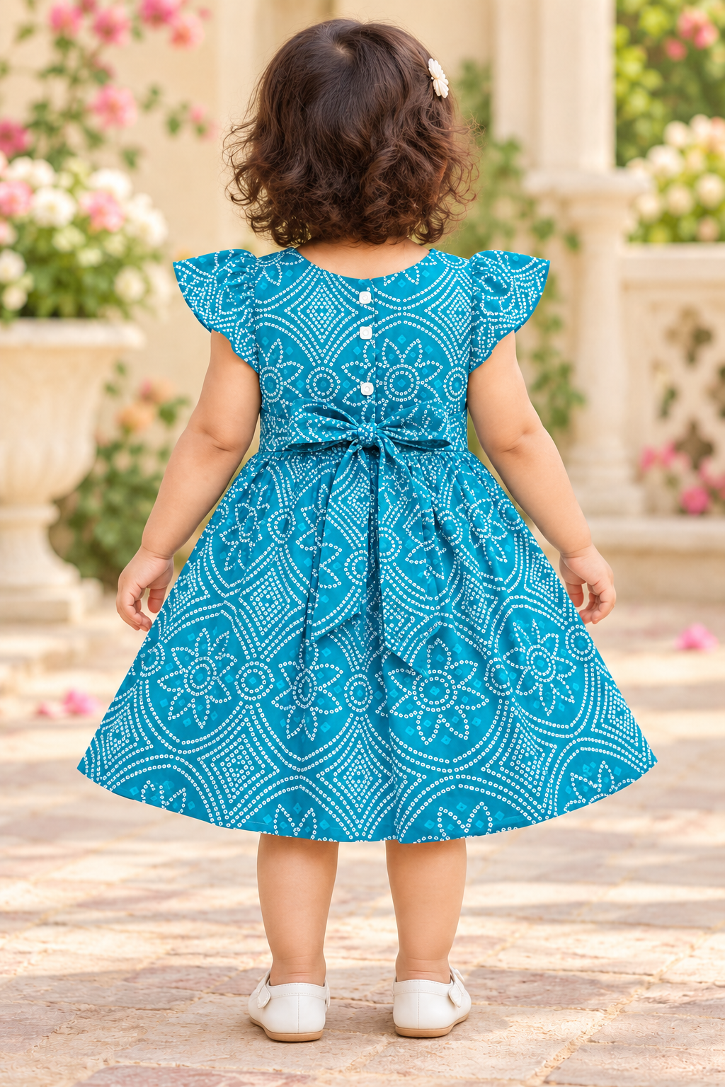 Kids Teal Blue Geometric Print Short Sleeve Frock