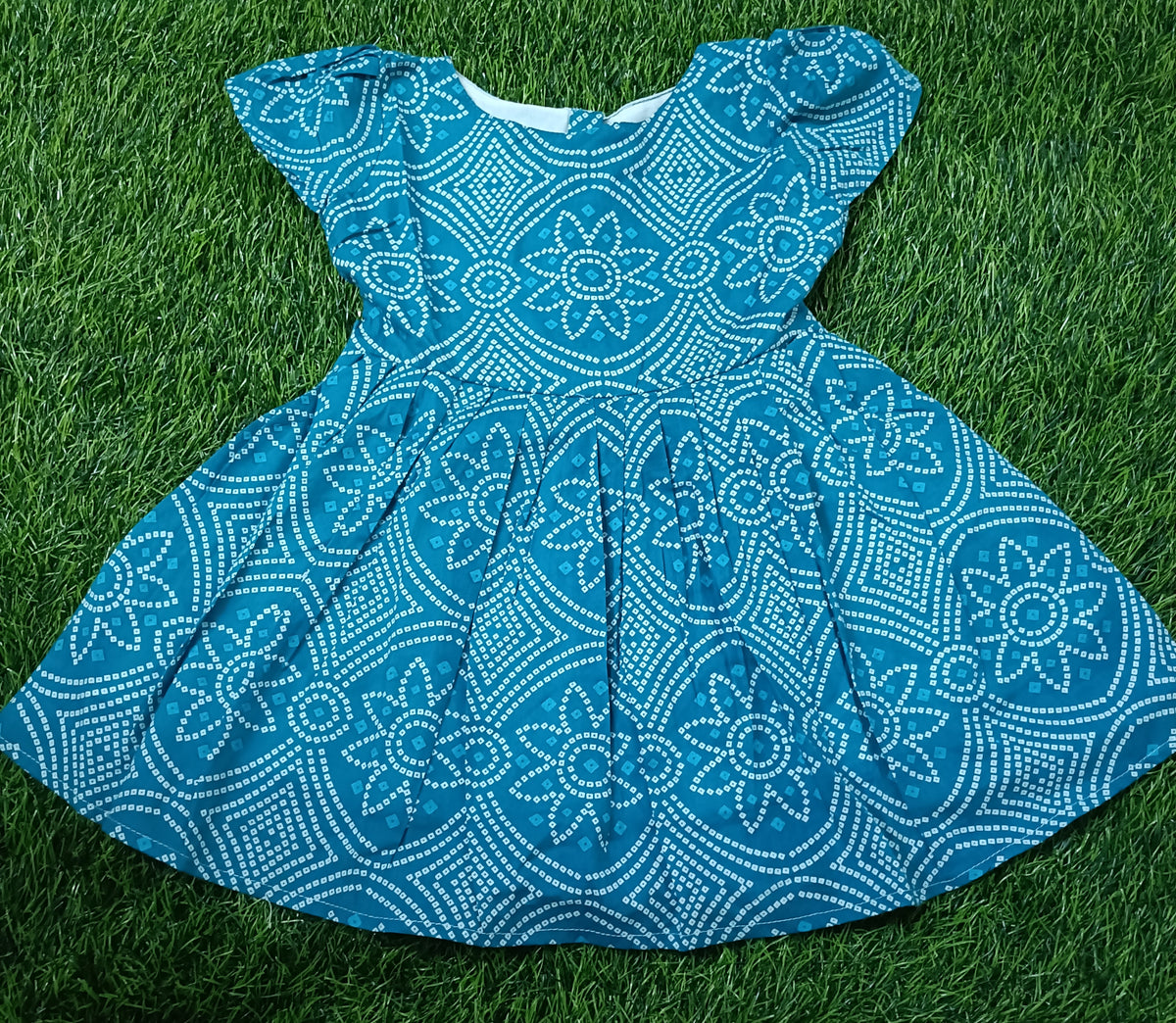 Kids Teal Blue Geometric Print Short Sleeve Frock