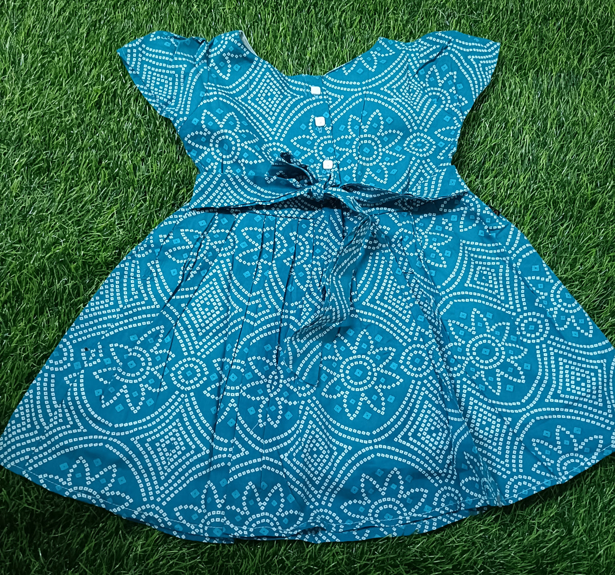 Kids Teal Blue Geometric Print Short Sleeve Frock