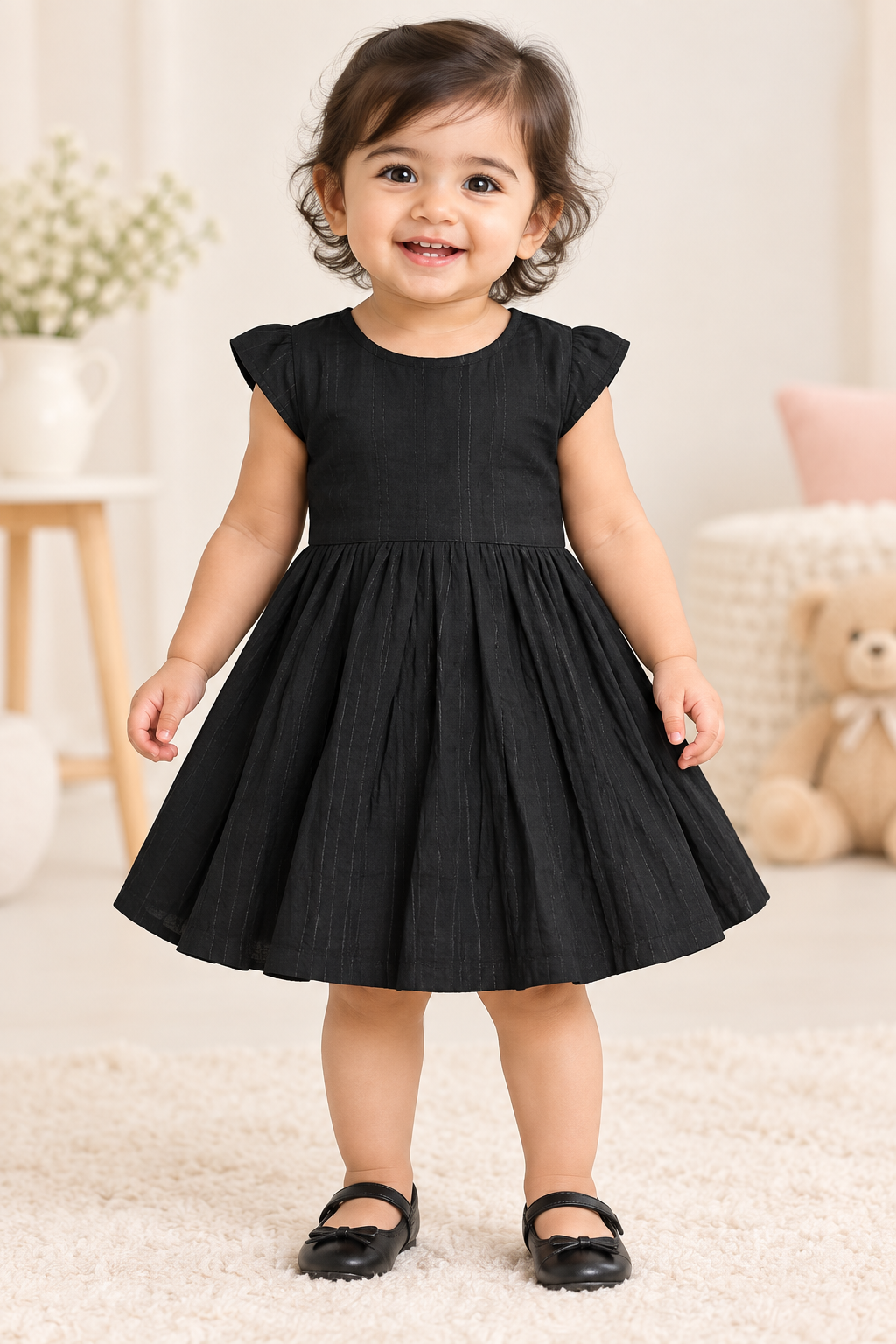 Kids Black Textured Short Sleeve Frock