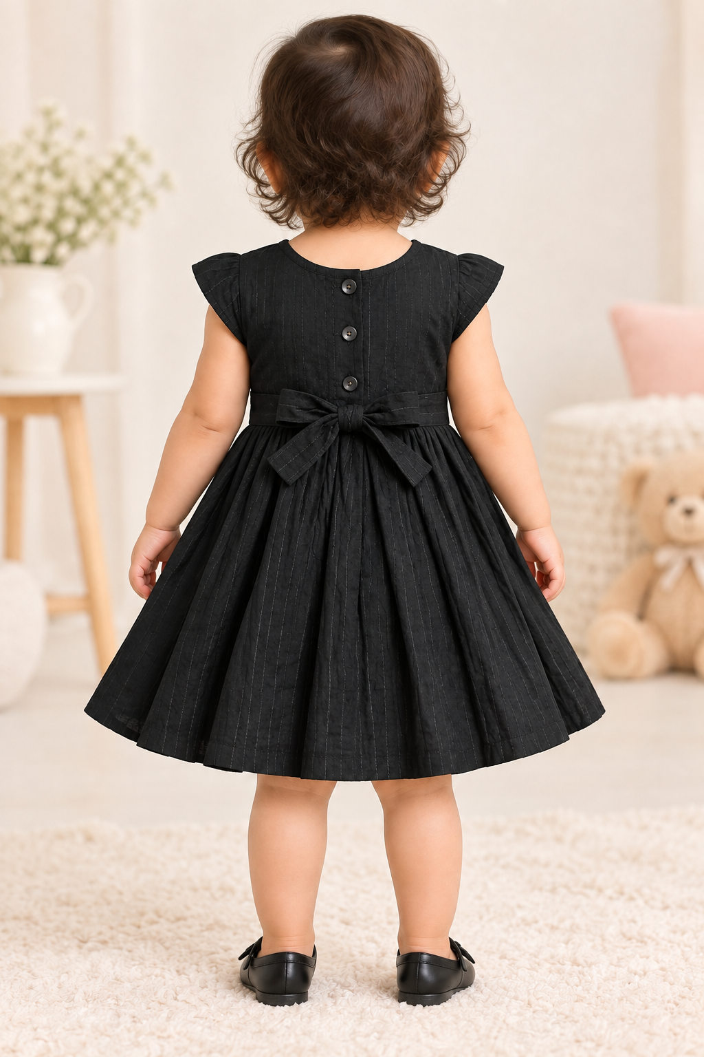 Kids Black Textured Short Sleeve Frock