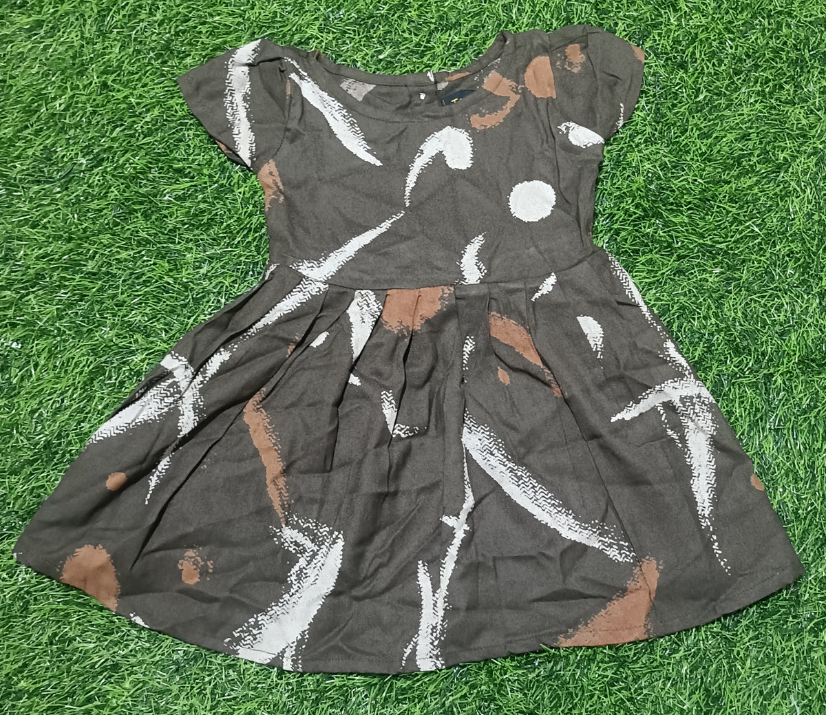 Kids Dark Brown Abstract Print Short Sleeve Frock