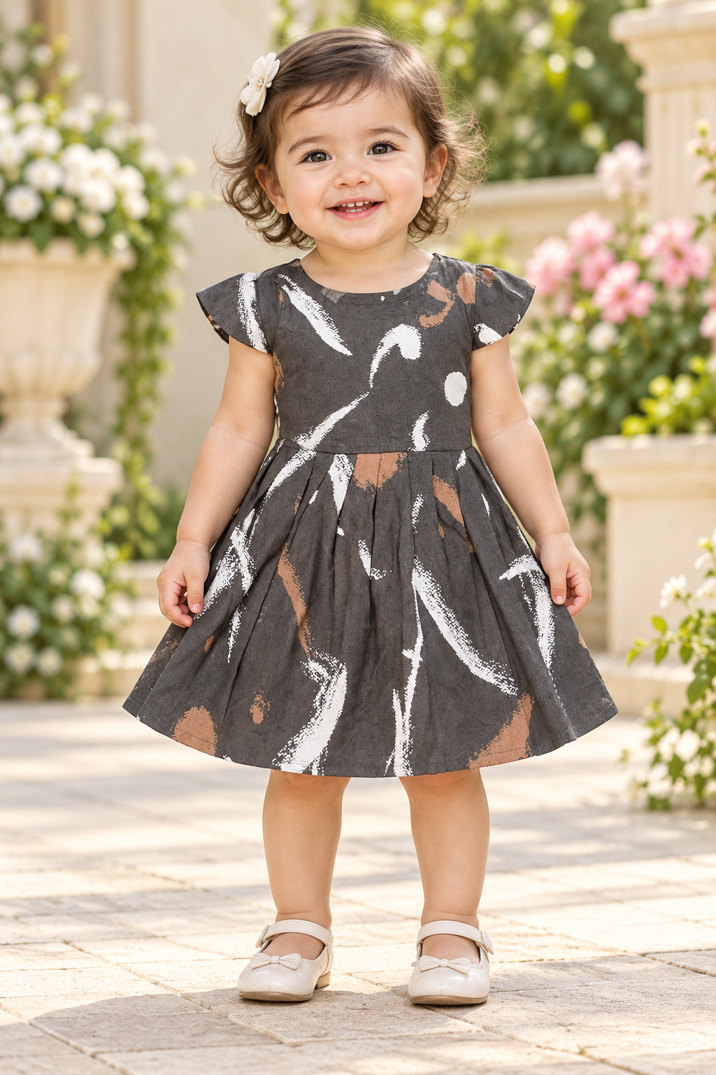 Kids Dark Brown Abstract Print Short Sleeve Frock