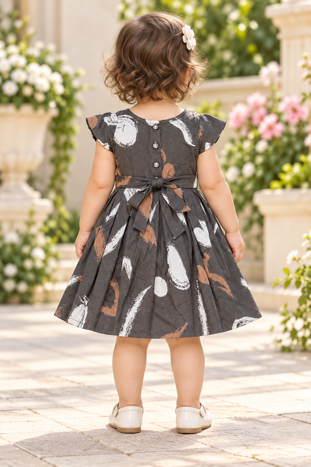 Kids Dark Brown Abstract Print Short Sleeve Frock