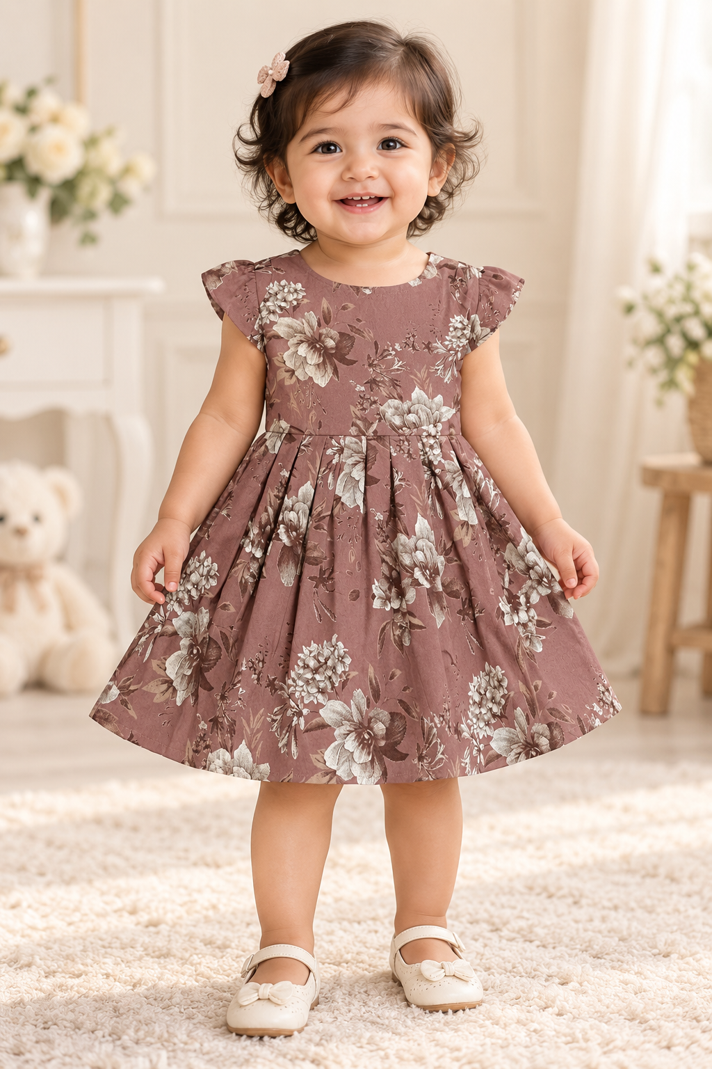 Kids Dusty Rose Floral Print Short Sleeve Frock