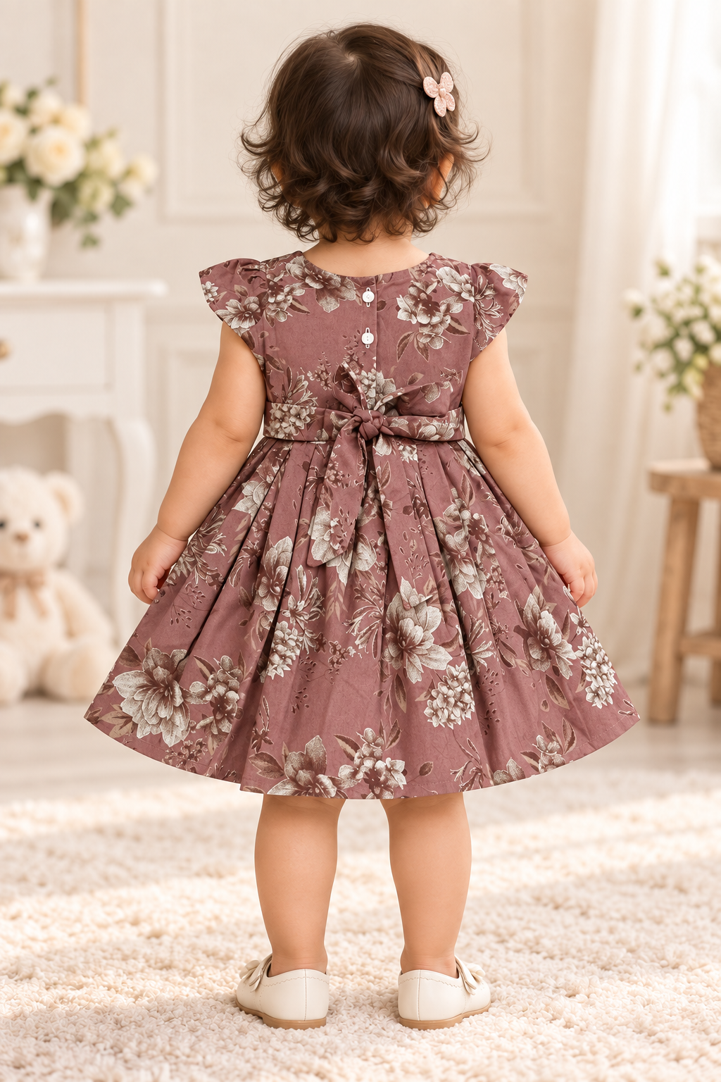 Kids Dusty Rose Floral Print Short Sleeve Frock