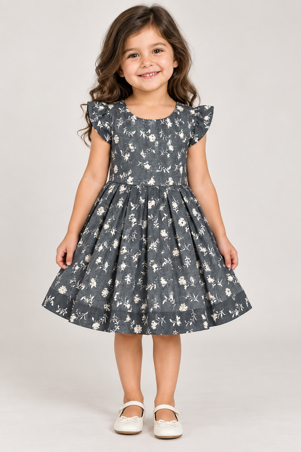 Kids Charcoal Grey Floral Print Short Sleeve Frock