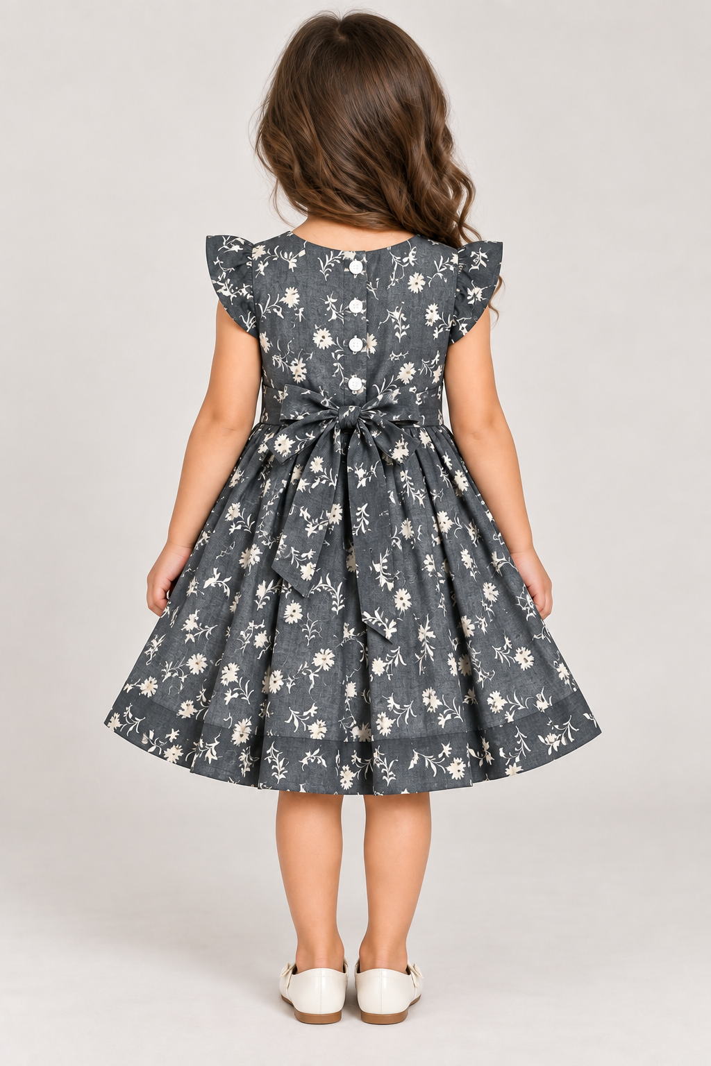 Kids Charcoal Grey Floral Print Short Sleeve Frock