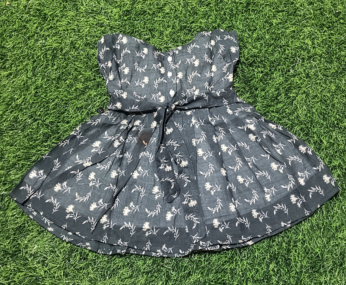 Kids Charcoal Grey Floral Print Short Sleeve Frock