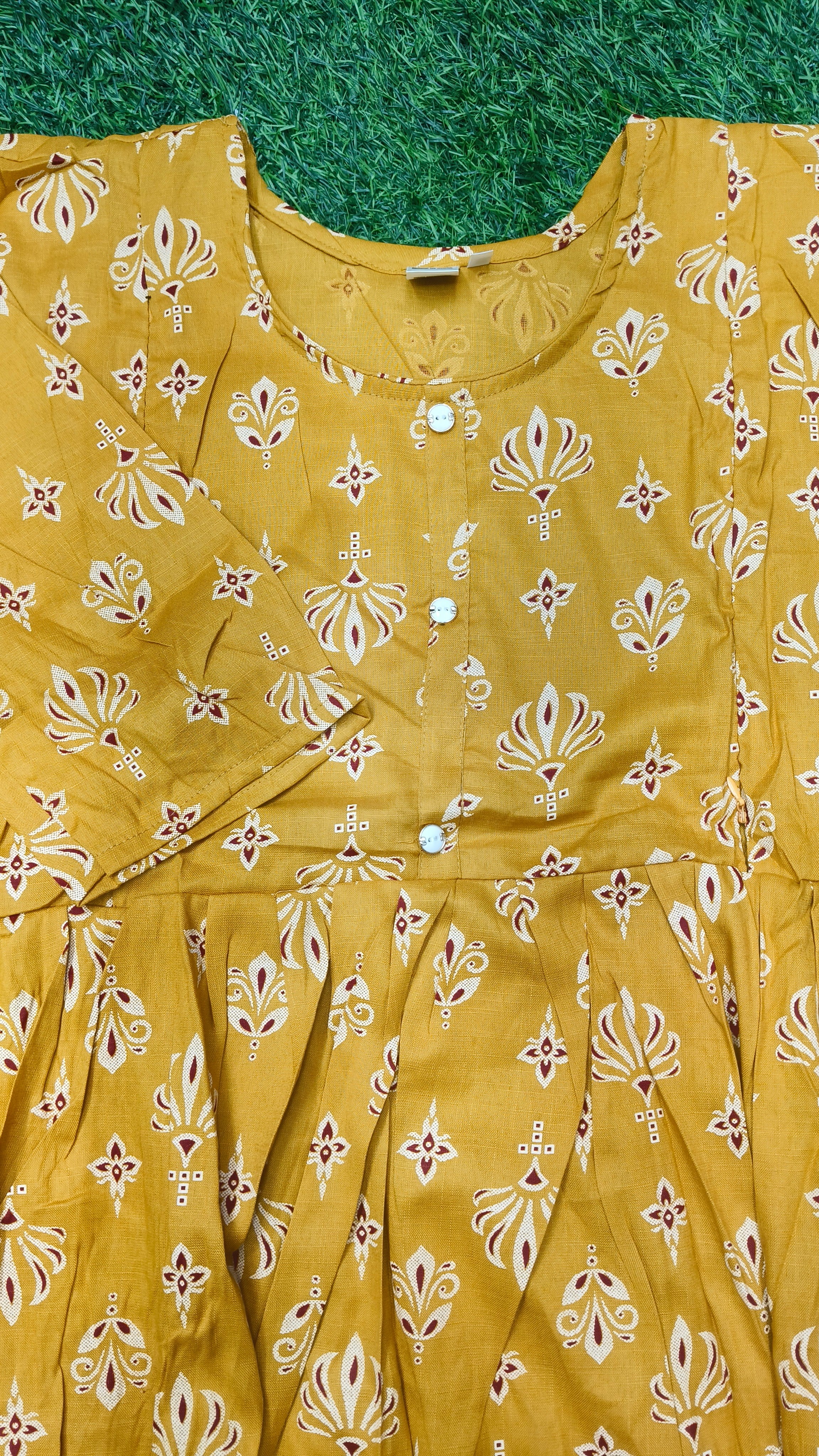 Heavy Two-Tone Print Mustard Yellow and Maroon Rayon Feeding Kurti with Adjustable Waist Tie