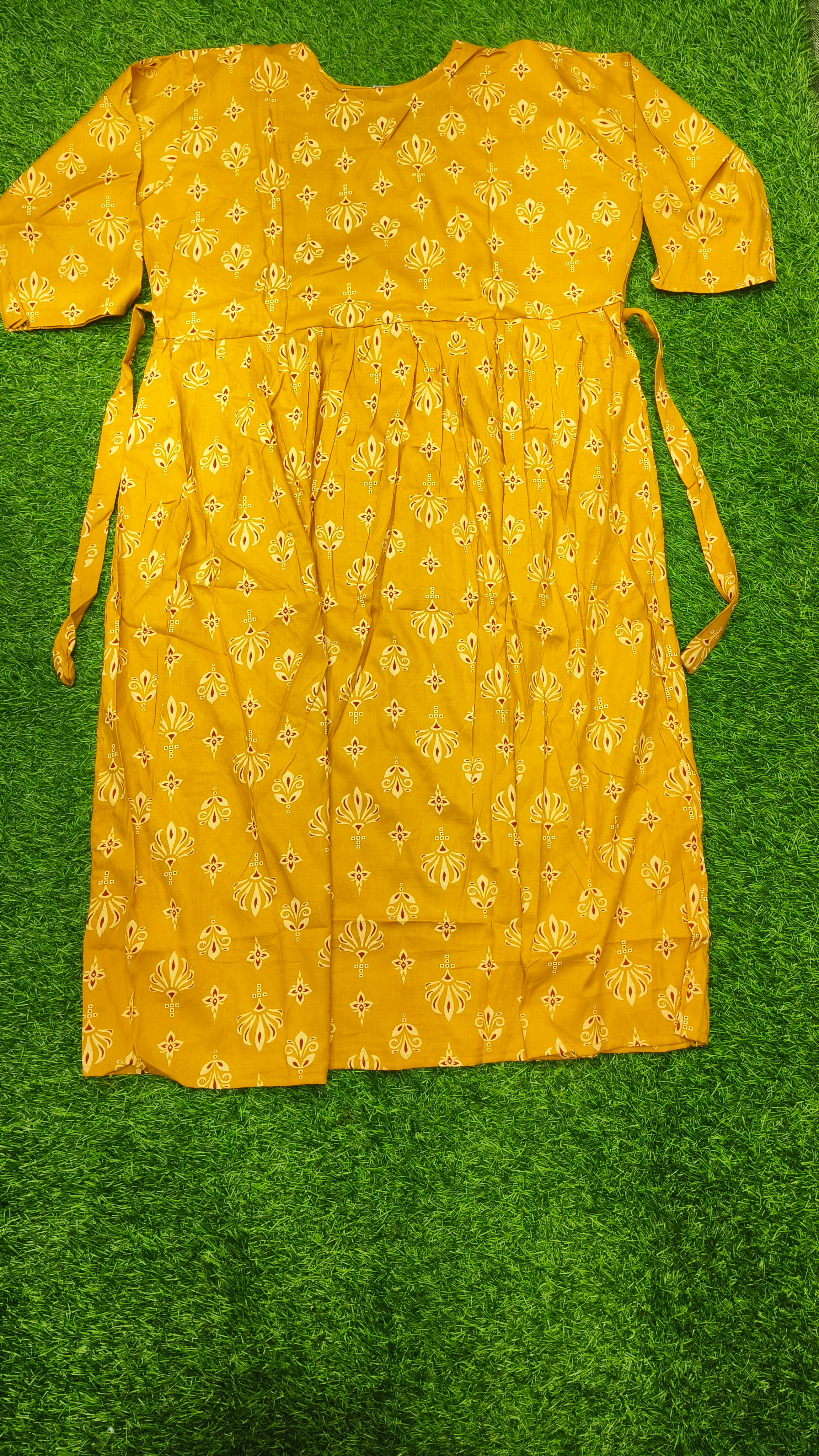 Heavy Two-Tone Print Mustard Yellow and Maroon Rayon Feeding Kurti with Adjustable Waist Tie