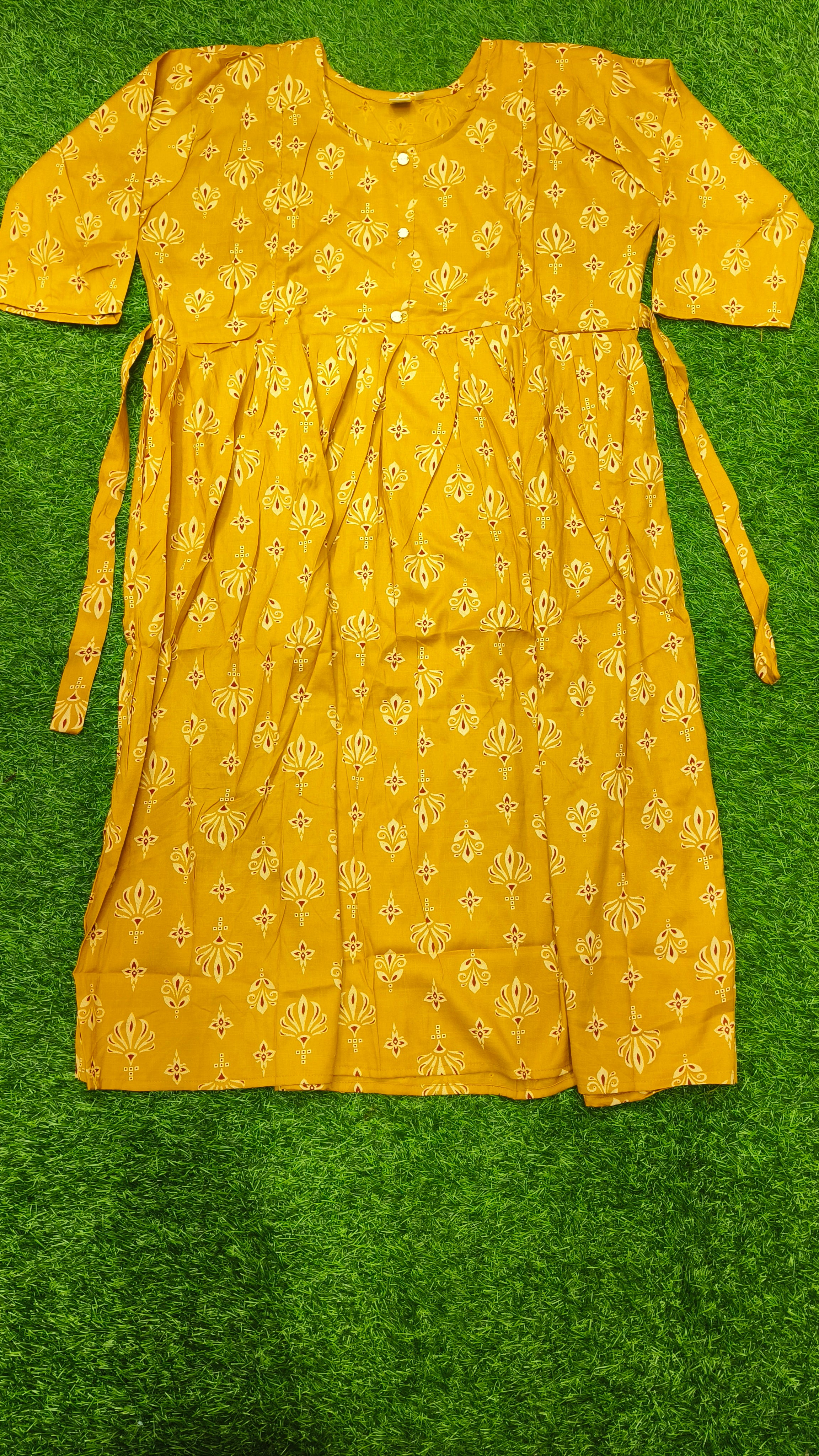 Heavy Two-Tone Print Mustard Yellow and Maroon Rayon Feeding Kurti with Adjustable Waist Tie