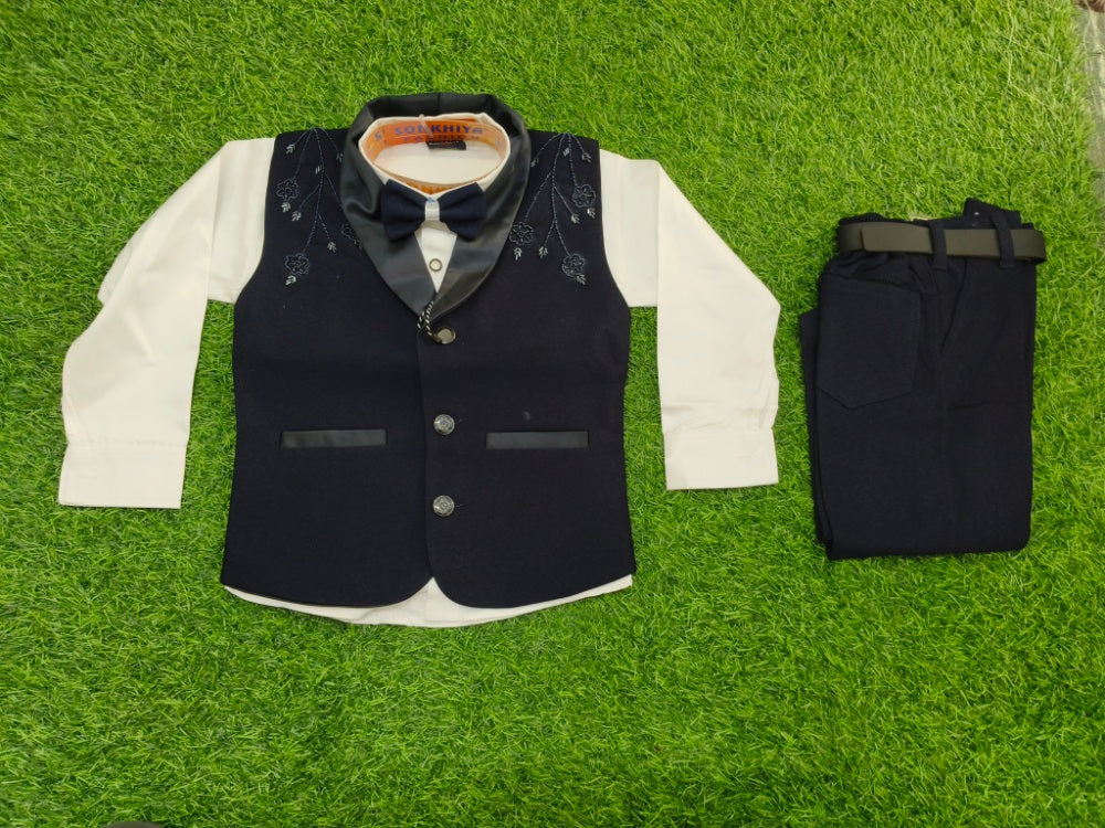 Boys Navy Blue and White Embroidered Waistcoat, Shirt, Bowtie, and Pant Set