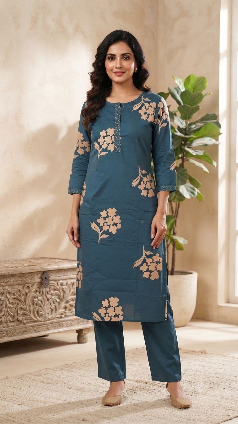 Elegant Navy Blue Floral Print Cotton 2-Piece Kurti Set