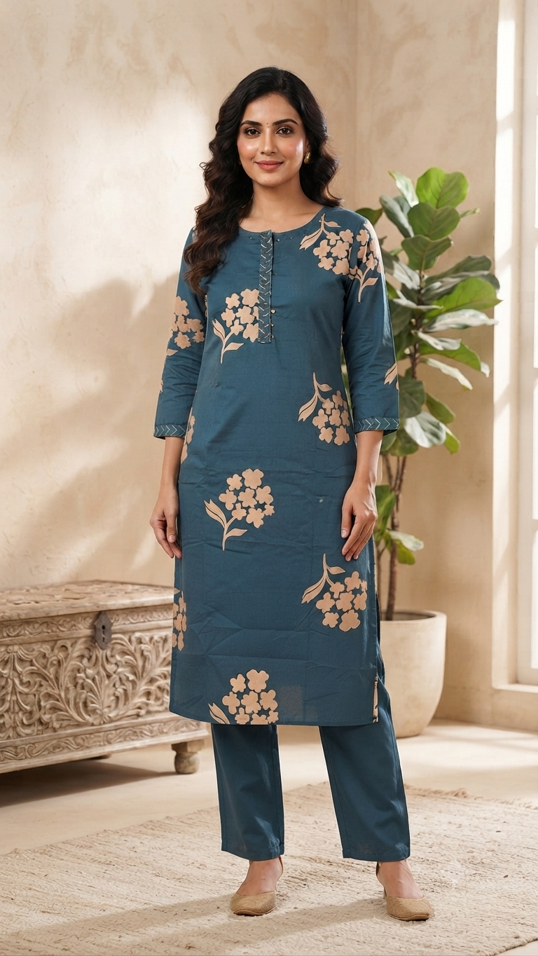 Elegant Navy Blue Floral Print Cotton 2-Piece Kurti Set