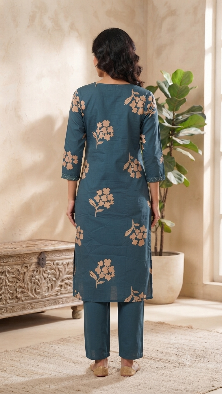 Elegant Navy Blue Floral Print Cotton 2-Piece Kurti Set