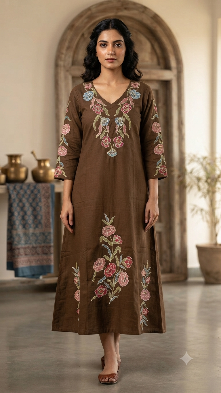 Elegant Brown Floral Embroidered Single Piece Kurti