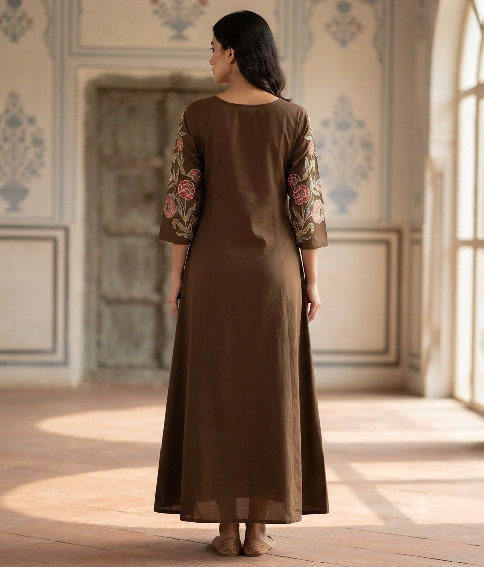 Elegant Brown Floral Embroidered Single Piece Kurti