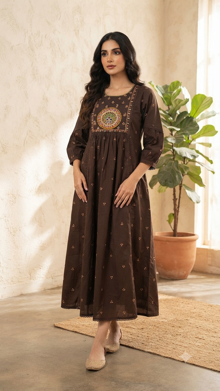 Elegant Olive Green Floral Embroidered Cotton 3-Piece Kurti Set