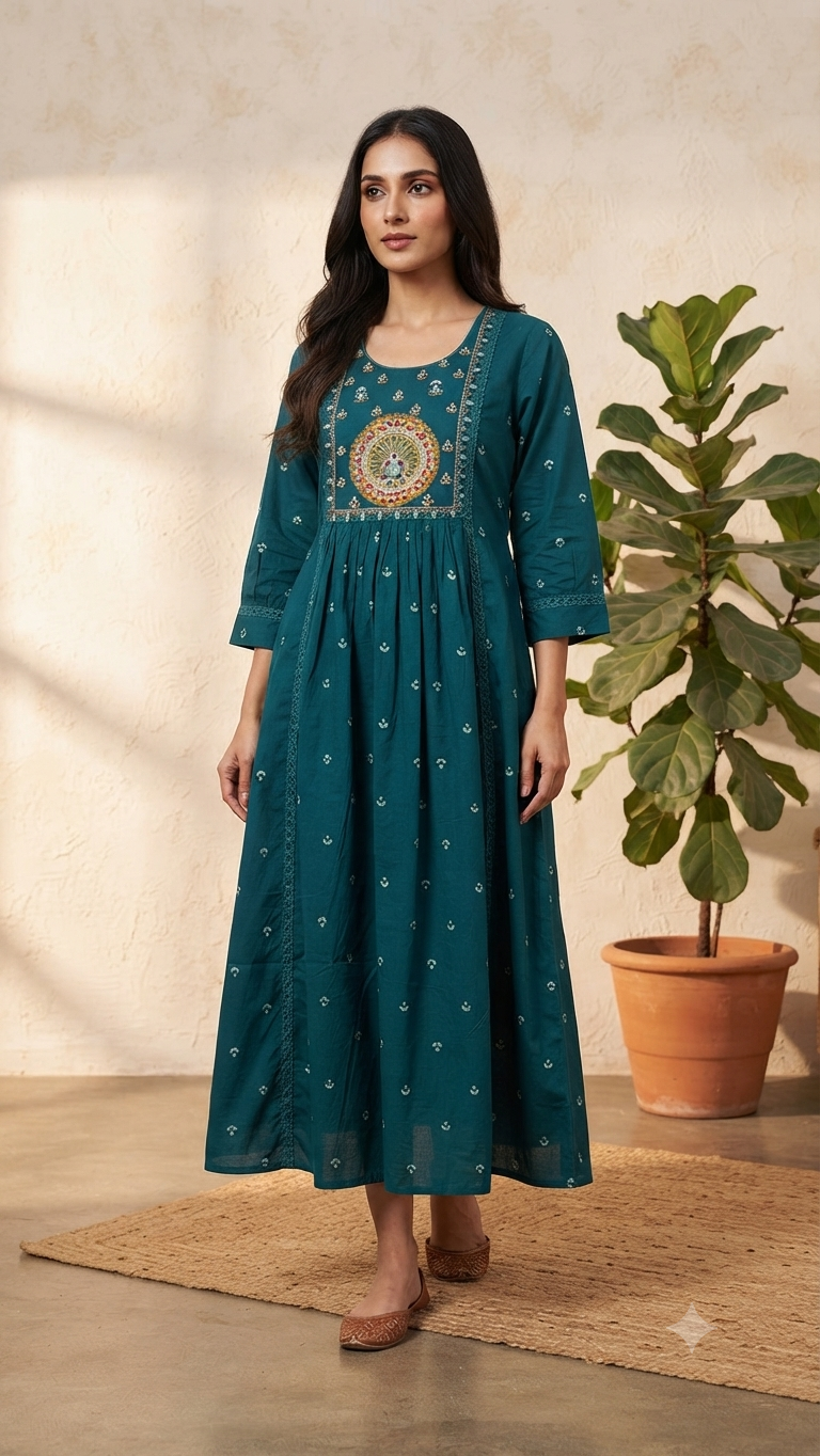 Elegant Dark Teal Green Embroidered Cotton Top with Circular Yoke Motif