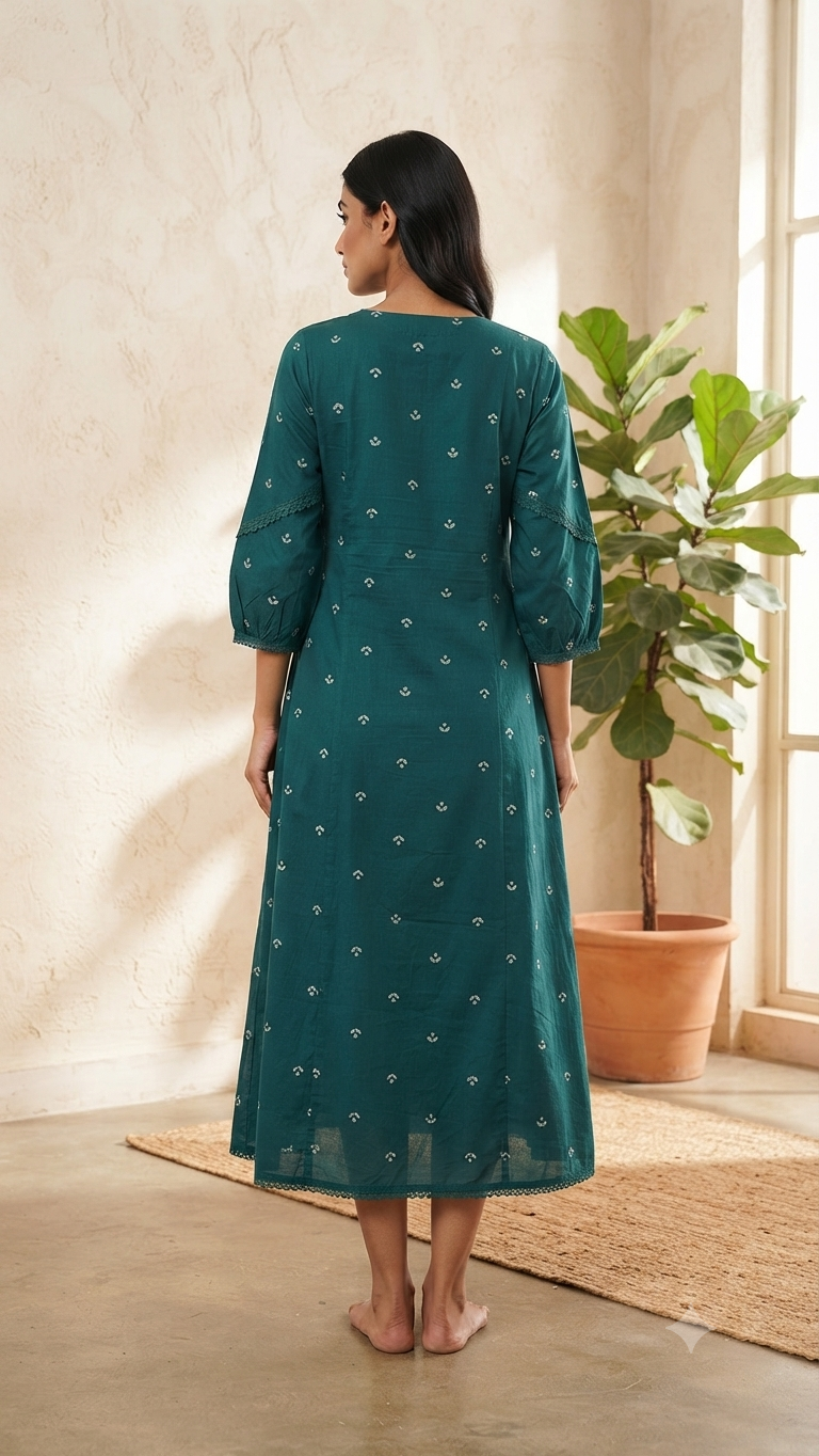 Elegant Dark Teal Green Embroidered Cotton Top with Circular Yoke Motif