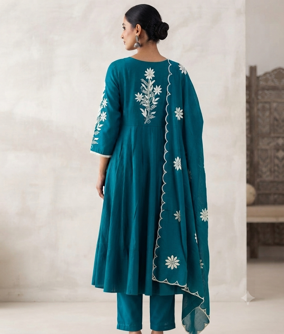 Elegant Teal Blue Mull Chanderi Embroidered 3-Piece Kurti Set