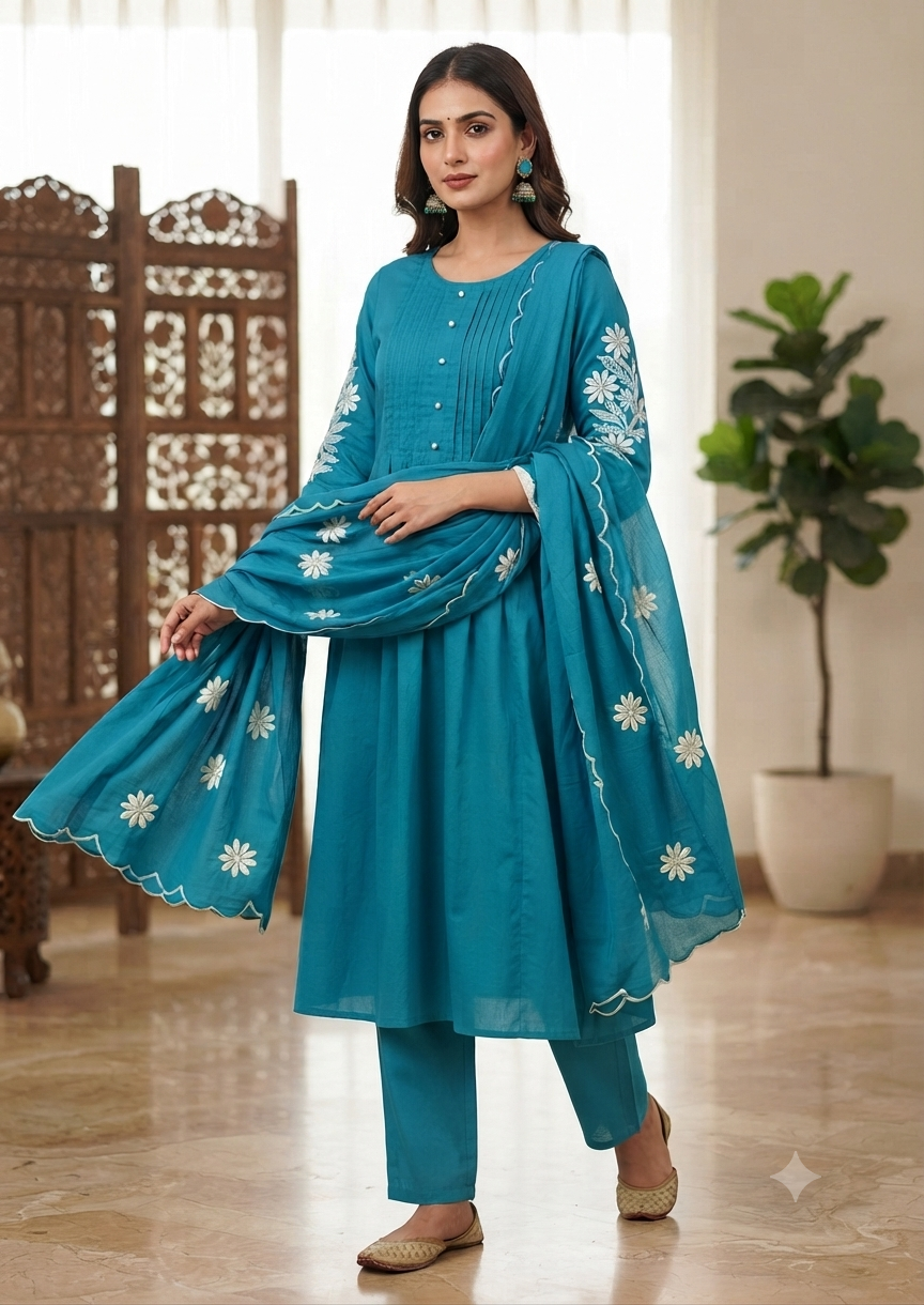 Elegant Teal Blue Mull Chanderi Embroidered 3-Piece Kurti Set