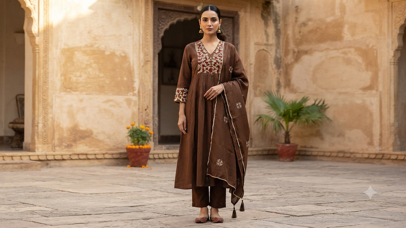Elegant Dark Brown Embroidered Rayon 3-Piece Kurti Set
