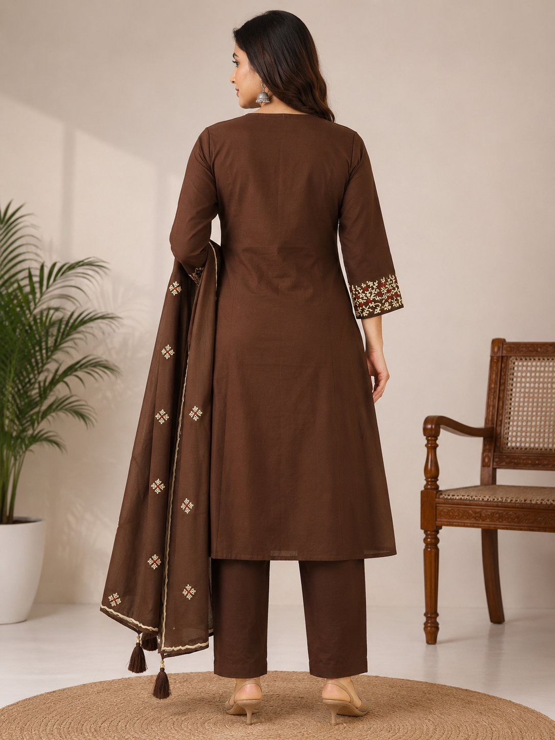 Elegant Dark Brown Embroidered Rayon 3-Piece Kurti Set