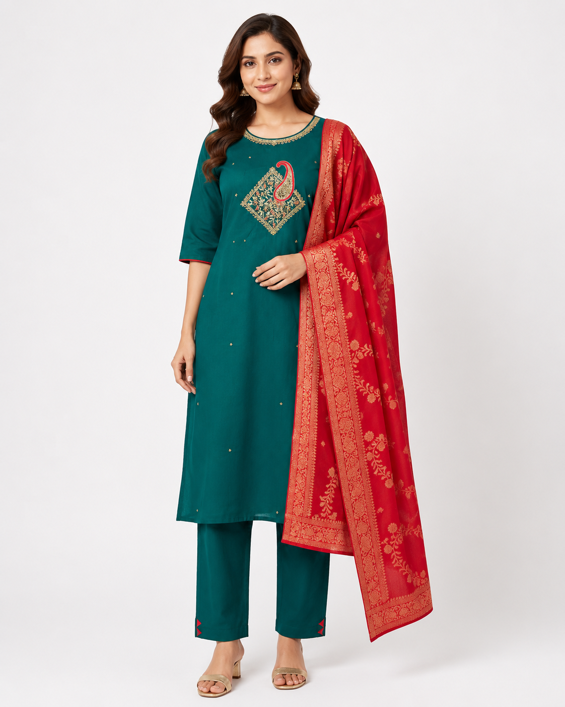 Women's Green Party Wear 3-Piece Kurti Set with embroidery work and 3/4 Sleeves