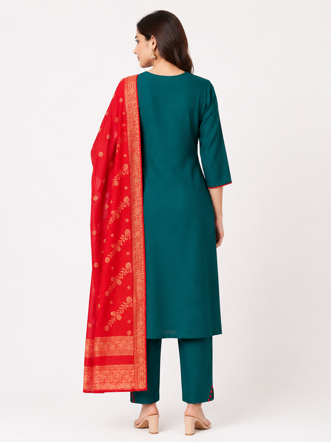 Women's Green Party Wear 3-Piece Kurti Set with embroidery work and 3/4 Sleeves