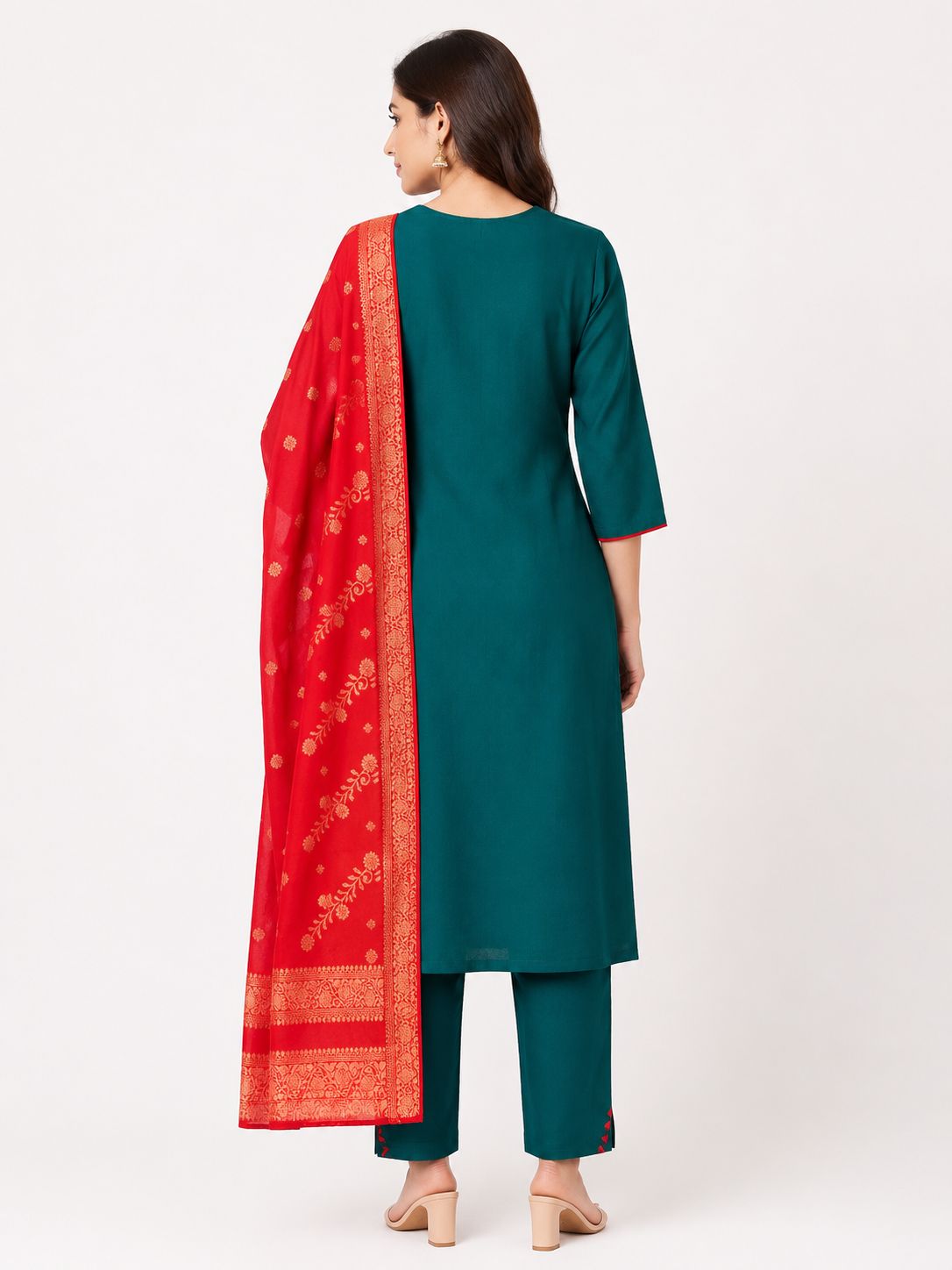 Women's Green Party Wear 3-Piece Kurti Set with embroidery work and 3/4 Sleeves