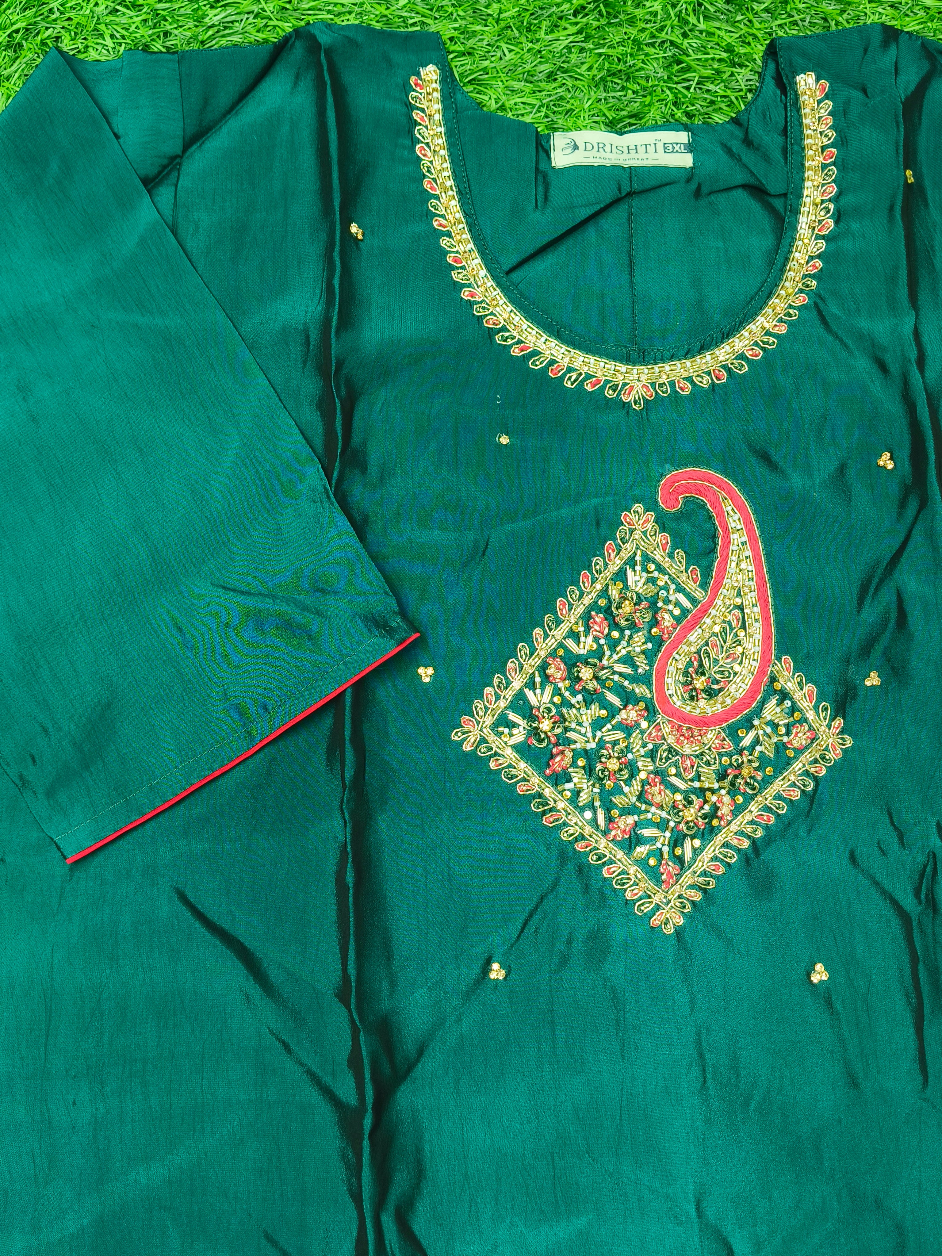 Women's Green Party Wear 3-Piece Kurti Set with embroidery work and 3/4 Sleeves