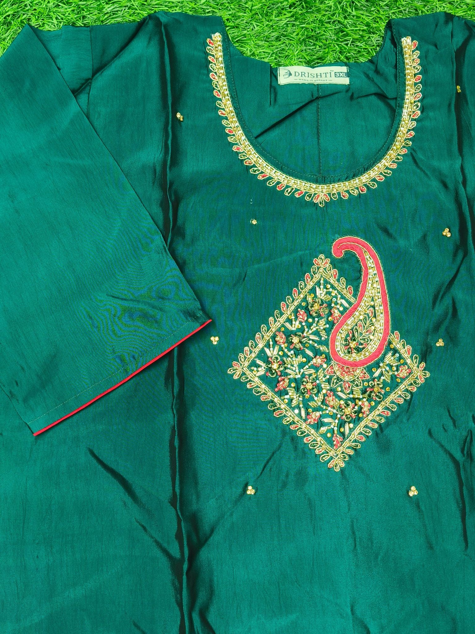 Women's Green Party Wear 3-Piece Kurti Set with embroidery work and 3/4 Sleeves