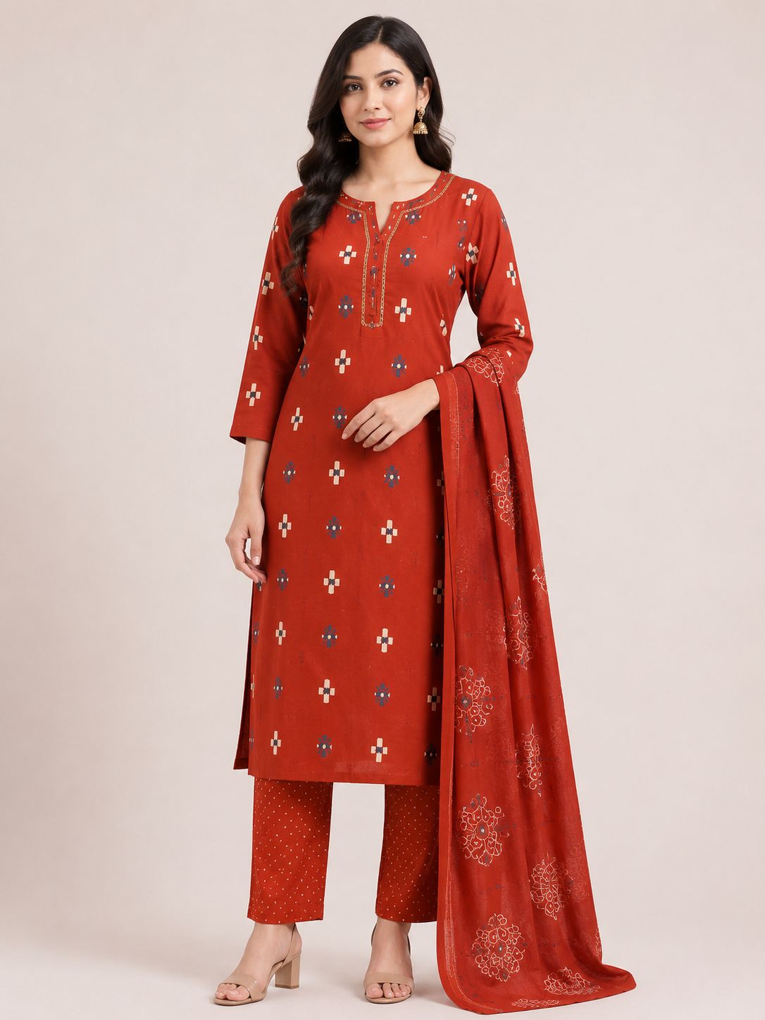 Women's Maroon Red 3-Piece Kurti Set with Piping Neckline and Fabric Button Design