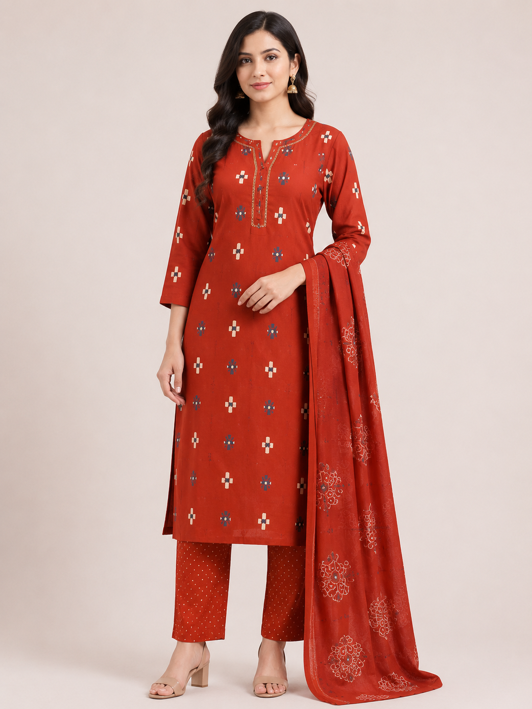 Women's Maroon Red 3-Piece Kurti Set with Piping Neckline and Fabric Button Design