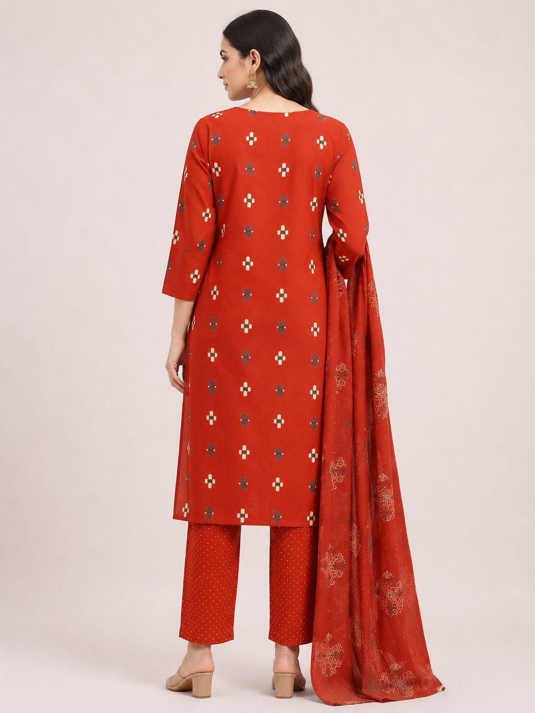 Women's Maroon Red 3-Piece Kurti Set with Piping Neckline and Fabric Button Design