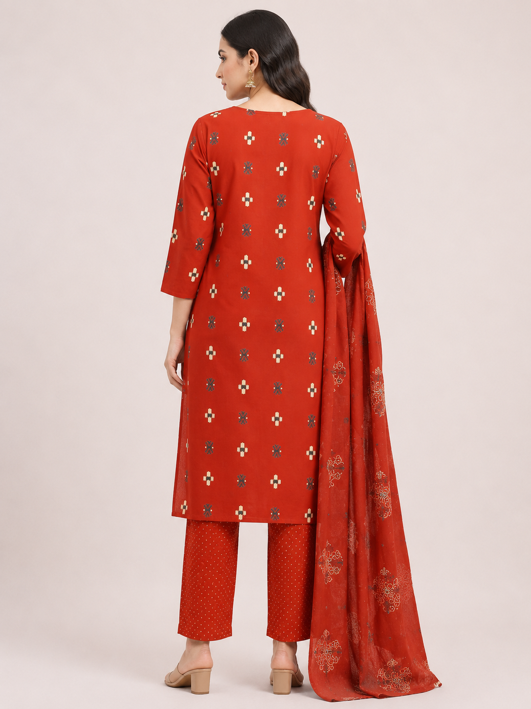 Women's Maroon Red 3-Piece Kurti Set with Piping Neckline and Fabric Button Design