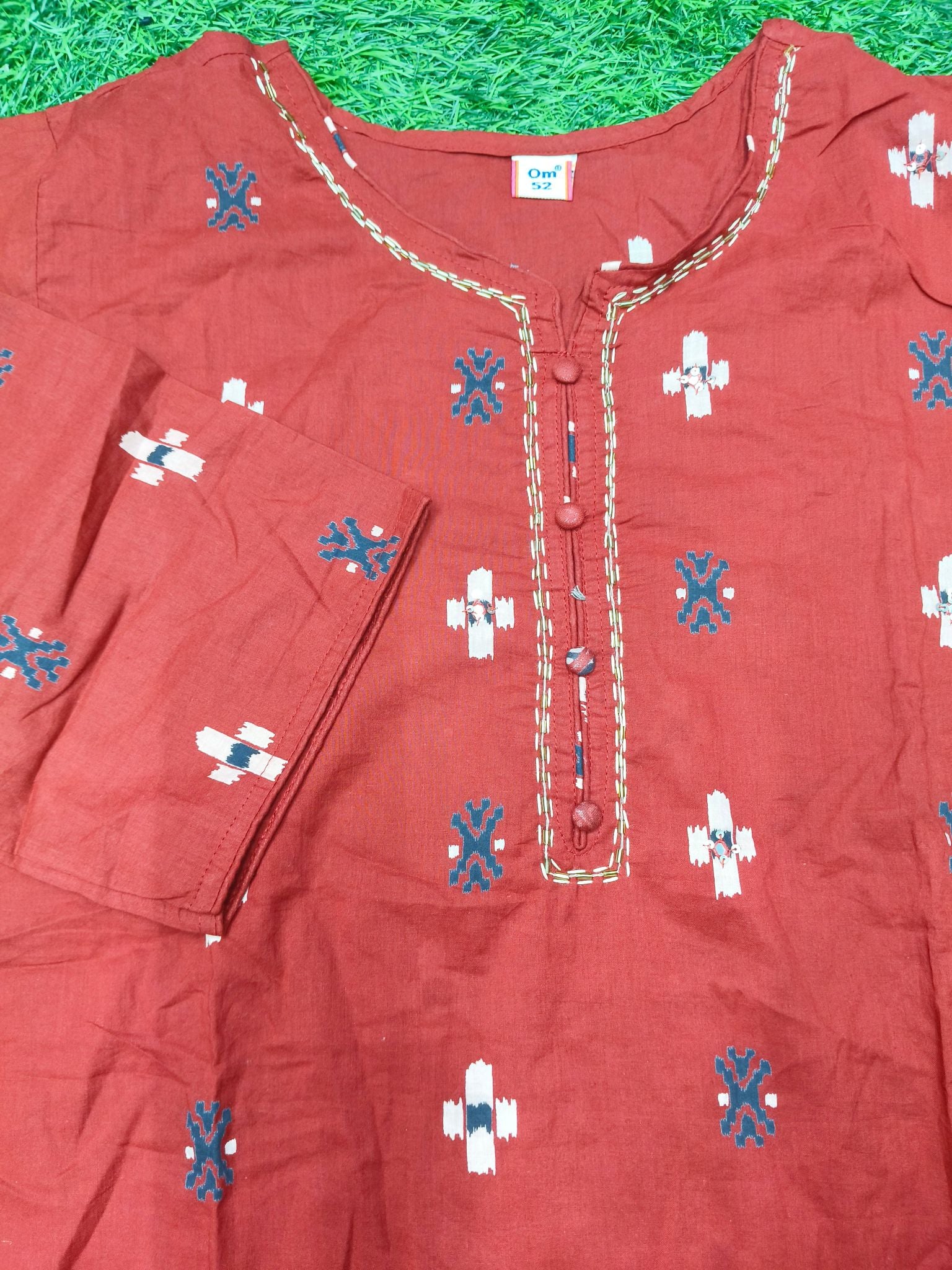 Women's Maroon Red 3-Piece Kurti Set with Piping Neckline and Fabric Button Design