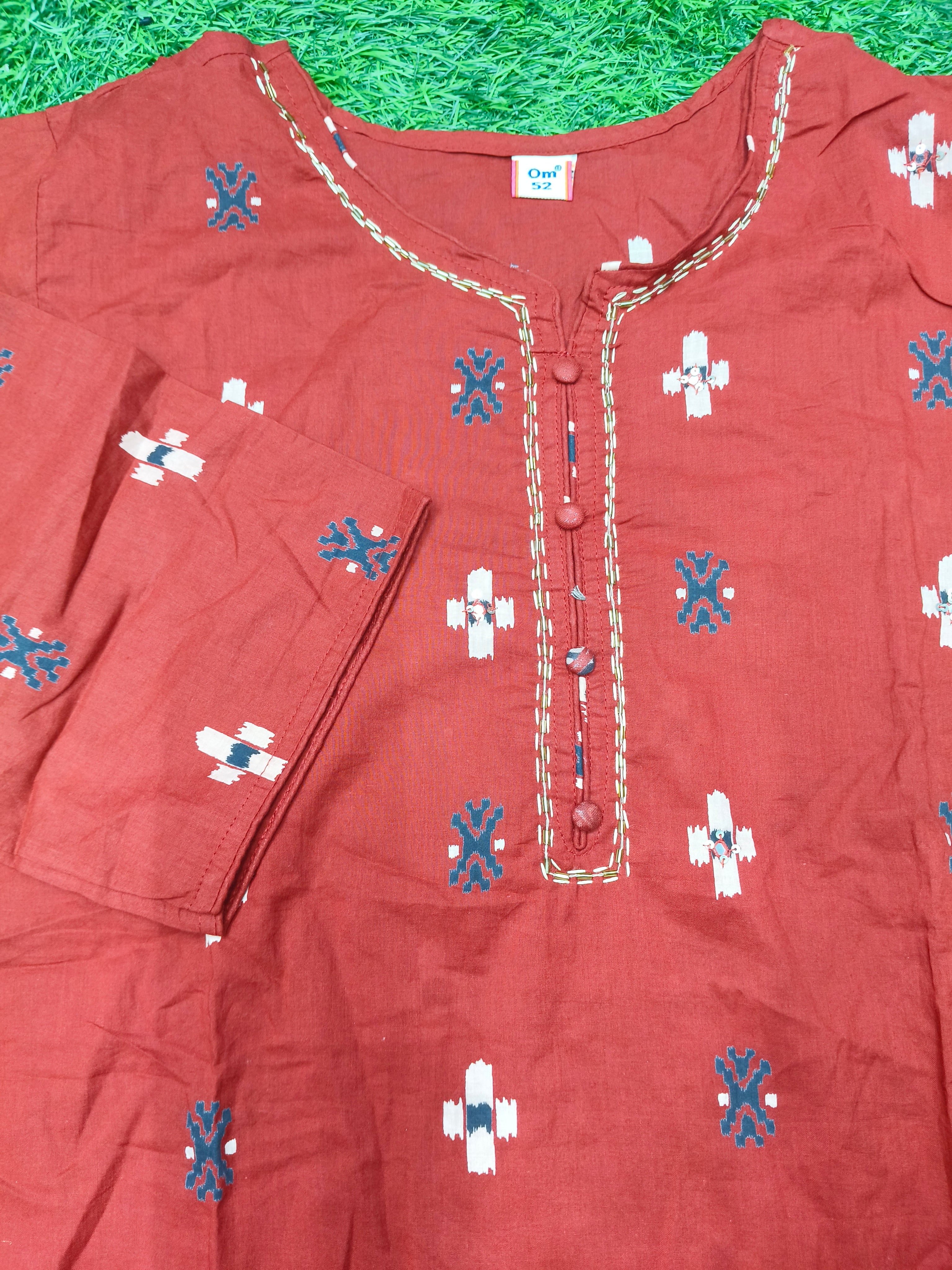Women's Maroon Red 3-Piece Kurti Set with Piping Neckline and Fabric Button Design