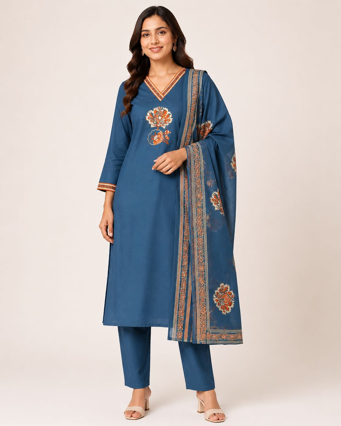 Women's Navy Blue Straight Fit 3-Piece Kurti Set with Mirror Work Neckline