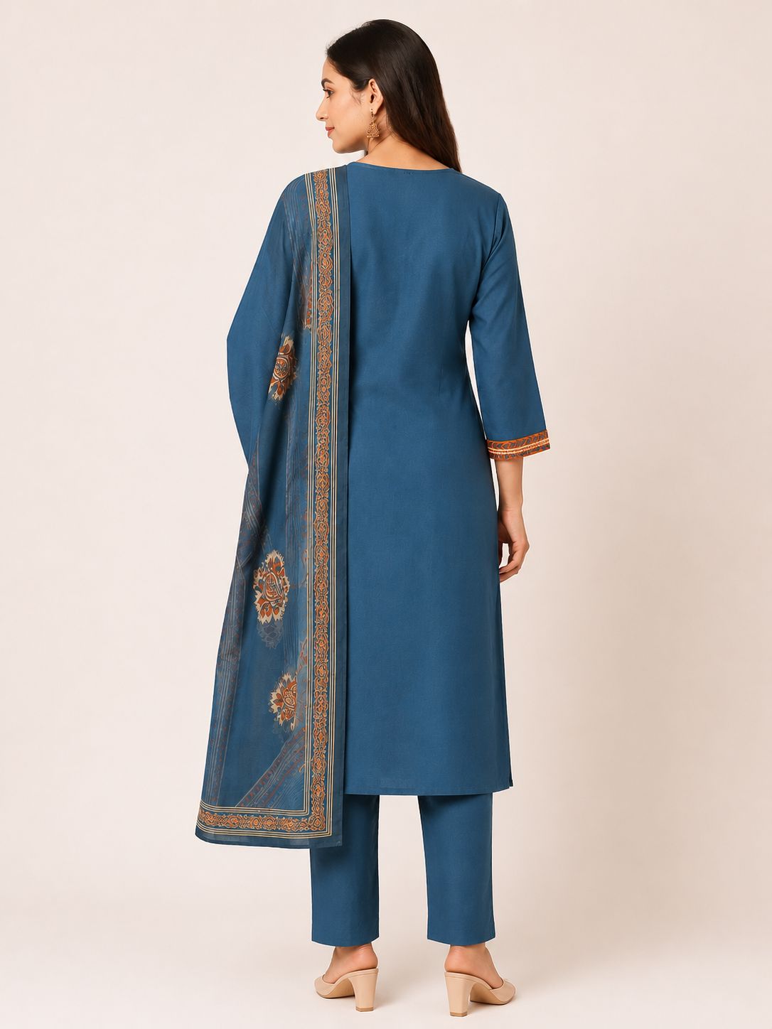 Women's Navy Blue Straight Fit 3-Piece Kurti Set with Mirror Work Neckline