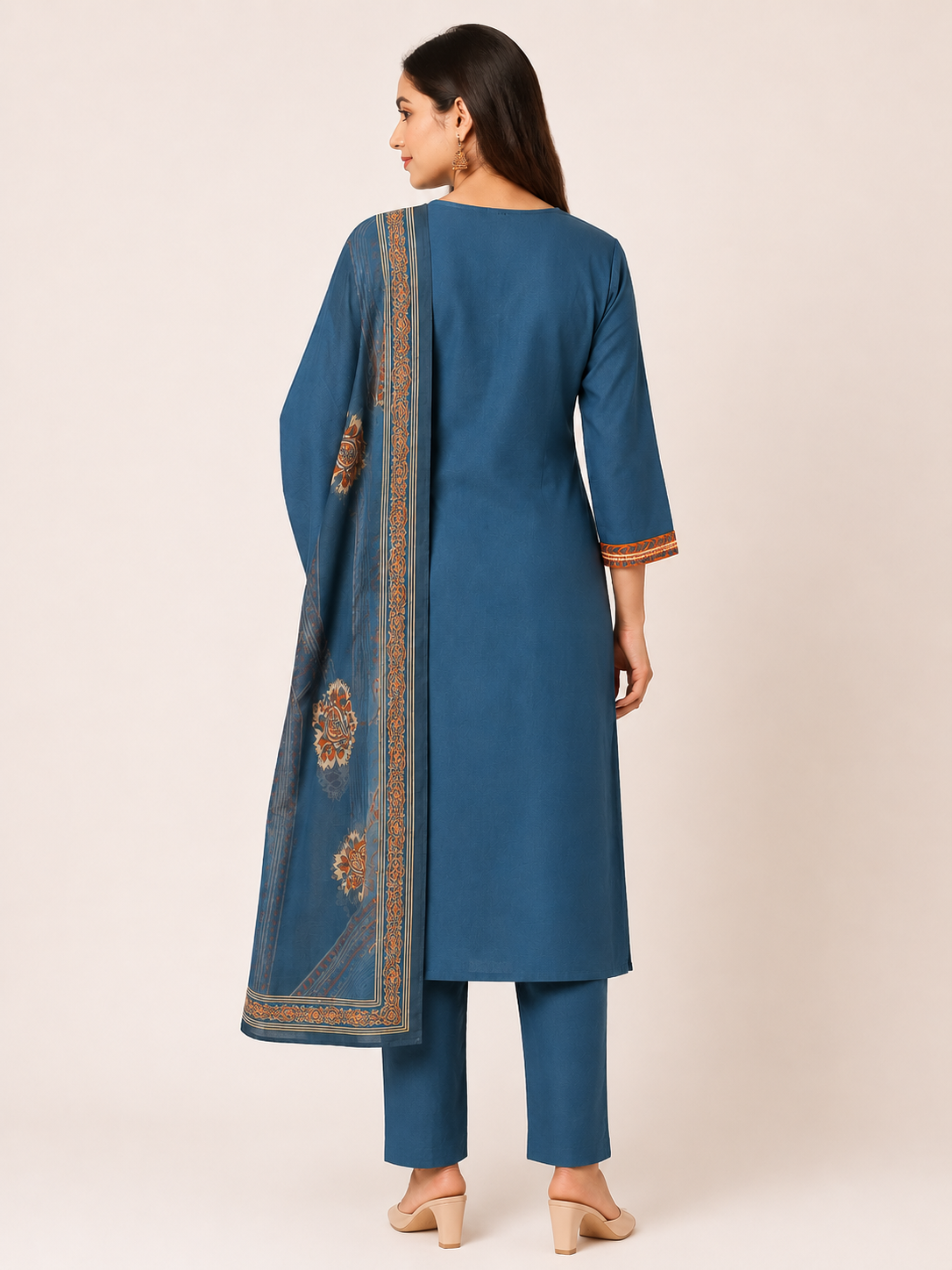 Women's Navy Blue Straight Fit 3-Piece Kurti Set with Mirror Work Neckline