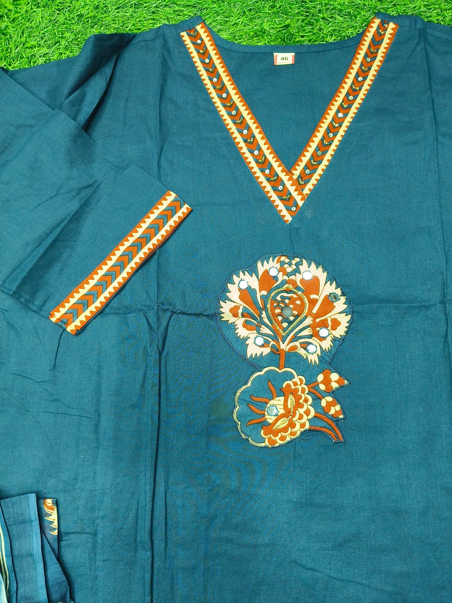 Women's Navy Blue Straight Fit 3-Piece Kurti Set with Mirror Work Neckline