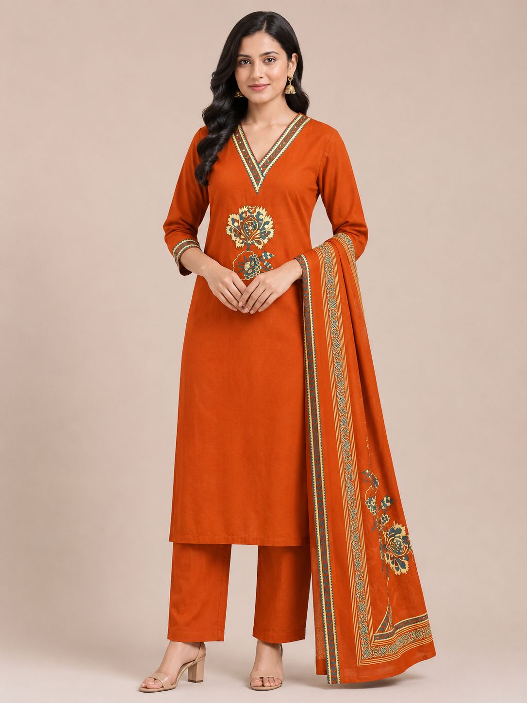 Women's Rust Orange Ethnic 3-Piece Kurti Set with Patchwork and Printed Border