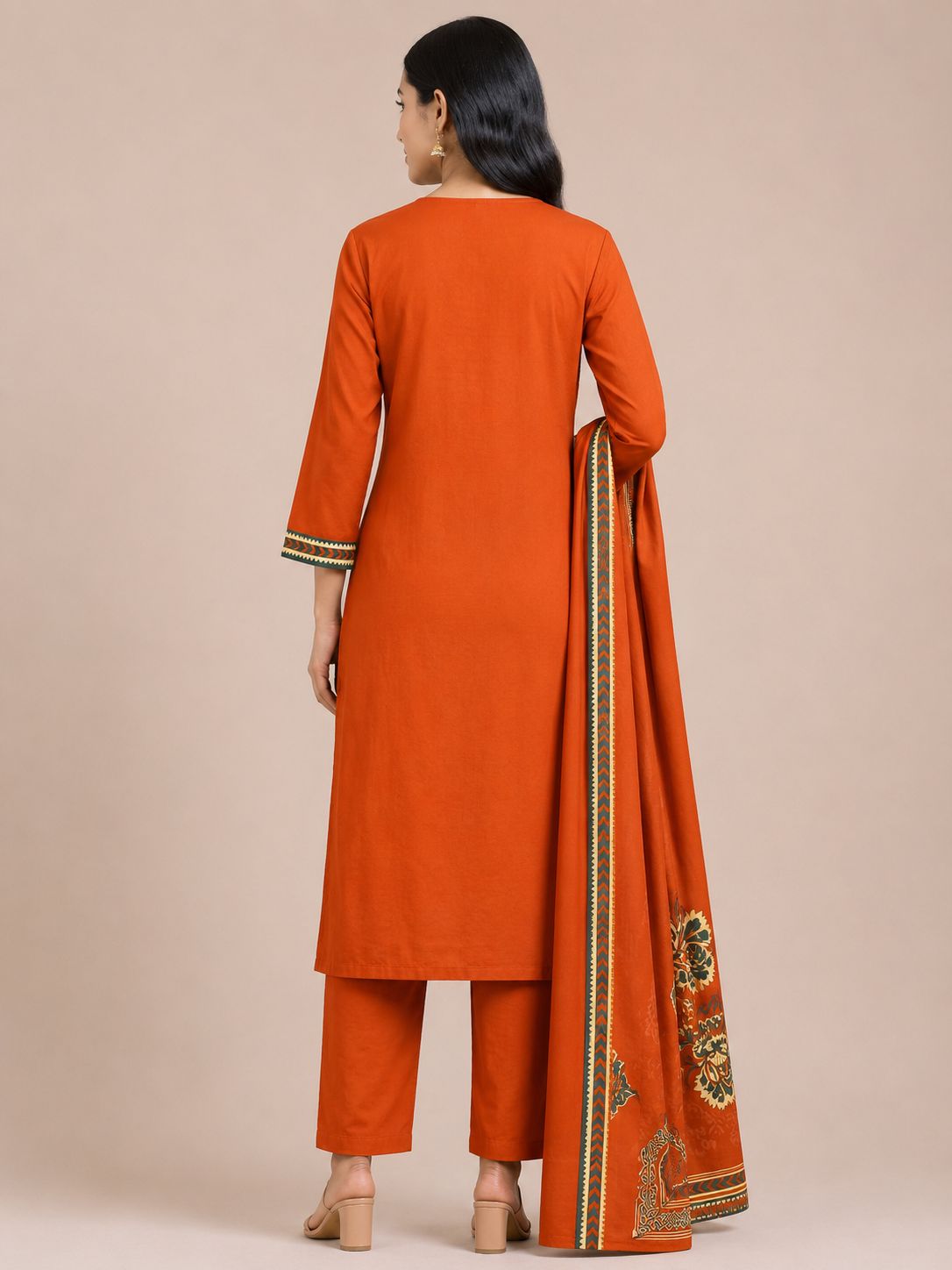 Women's Rust Orange Ethnic 3-Piece Kurti Set with Patchwork and Printed Border